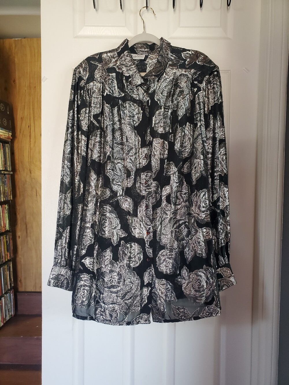 Vintage 1970’s Teddi Black Metallic‎ Silver Leaf Sheer Button-up Blouse Grunge